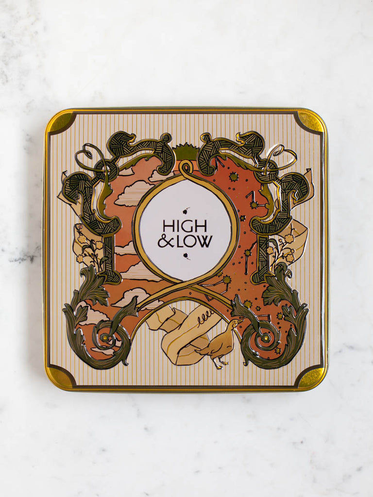 The lid of the metal box, multiple colors and patterns surrounding the title.