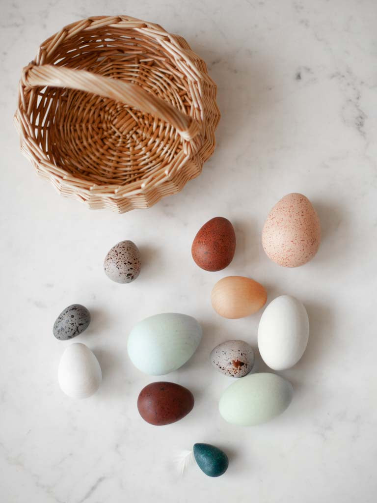 Empty basket with various colors and sizes of eggs next to it.
