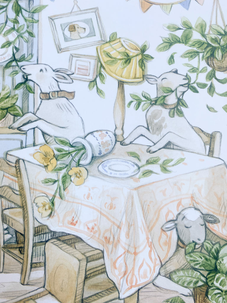 Sample page of Agnes and the Sheep. The sheep in the illustration are eating house plants and sitting at a kitchen table.