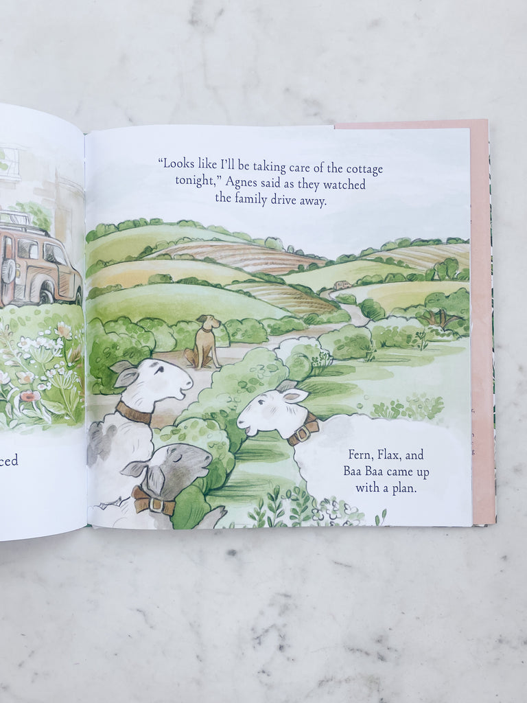 Another sample page of “Agnes and the Sheep”. This sample page features large black text and illustrations of Agnes and the sheep in a valley.